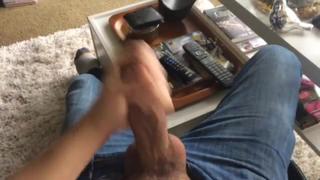 The Guy Fingering A Huge Cock And Cums In His Hand 