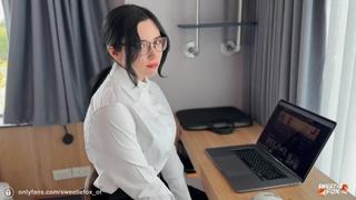 Sweetie fox horny secretary sucks and fucks bosss dick till cum in mouth caught masturbating at workplace