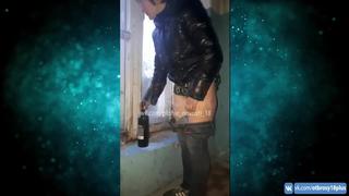 A drug addict sat on a bottle in the pad 