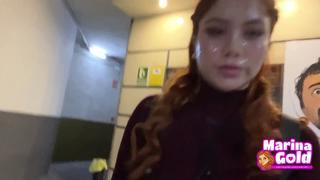 Marina gold cum drenched teen eats a burguer bukkake