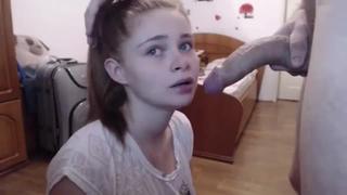 Fucking in the throat holds by the hair puts his head on a cock Cums in his mouth swallows sperm 