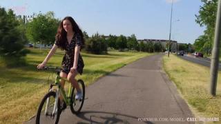 Beautiful girl jumps on a dildo bike 