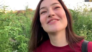 Public outdoor blowjob with creampie from shy teen girl in the bushes