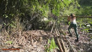 [snakes ct camping] i'm building a shelter under the rocks from start to finish pick papaya and made a delicious salad