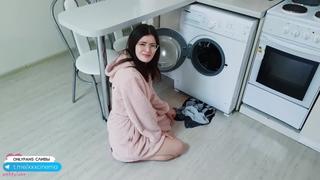 My step sister was not stuck in the washing machine and caught me when i wanted to fuck her pussy