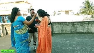 18yrs tamil boy fucking two beautiful milf bhabhis together at holi festival