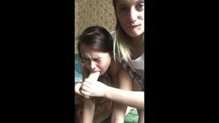 Mother teaches her daughter how to fuck and works her throat with a rubber dick 