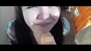 An appetizing Kazakh girl in a robe takes sperm into her mouth 