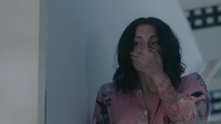 Fit brunette with long hair riding a man