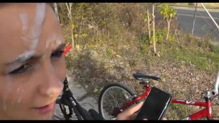 Verily finished on the face of a beautiful girl on the street and she went with the death on her face on a bike in the district 