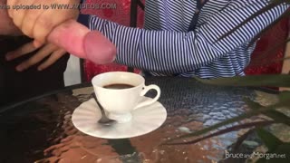 Stunning girl does blowjob, cum in coffee